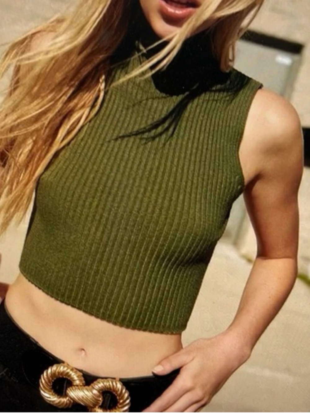 Zara Olive Ribbed Sleeveless Sweater Crop Top size S